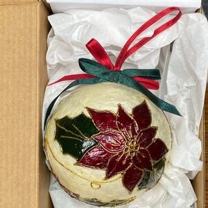 Vintage Poinsettia Christmas Ornament Round Ball Holiday Decor NEW 3.5"